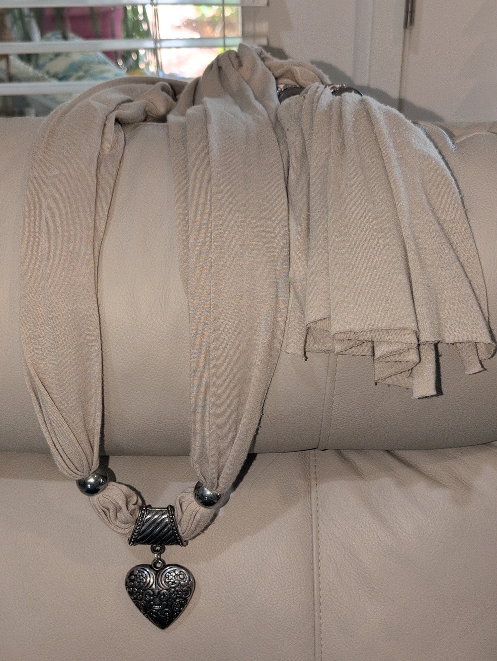 Vintage-Inspired Cream Scarf Necklace with Dilver Tone Heart Pendant